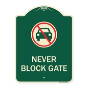 SIGNMISSION Never Block Gate with No Car Symbol Heavy-Gauge Aluminum Architectural Sign, 24" x 18", G-1824-23862 A-DES-G-1824-23862